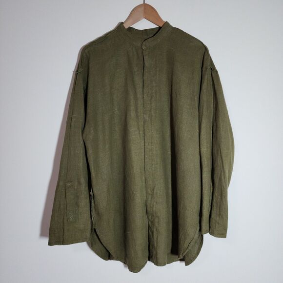 Flax by Jeanne Engelhart Mens Linen Shirt S Olive Green Roll Tab Sleeve Stand-Up - Picture 4 of 8
